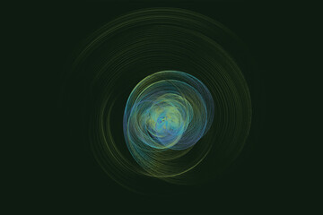 Abstract glowing sphere with swirling patterns on a dark background creates a cosmic feel