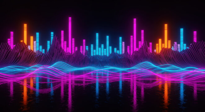 Vibrant neon sound waveform abstract with futuristic reflections glow