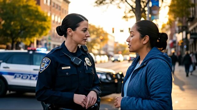 Female police officer talking to woman citizen on street with police vehicle at sunset, community engagement footage
