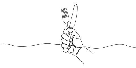 Hands holding knife and fork in fist drawn with continuous line in minimalism, waiting for food, eating activity concept, table setting, cutlery, one line, Editable vector contour