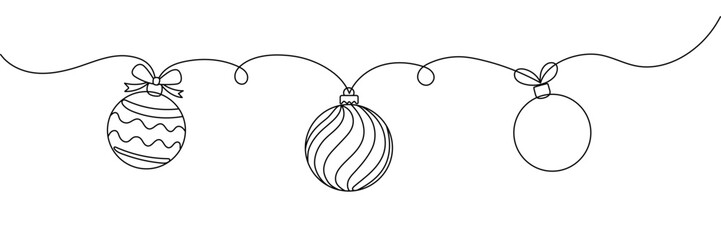 Obraz premium Continuous line drawing of Christmas balls decoration. One line art concept of pine tree decoration for merry Christmas and happy new year greeting card Editable stroke