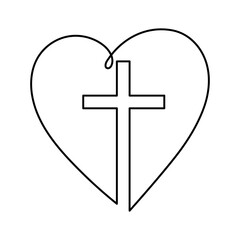 Obraz premium Christian church symbol logo in continuous line drawing style. Line art of a heart with Christian cross. One Continuous line drawing cross of Christ and heart. Editable stroke