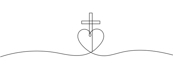 Christian church symbol logo in continuous line drawing style. Line art of a heart with Christian cross. One Continuous line drawing cross of Christ and heart. Editable stroke