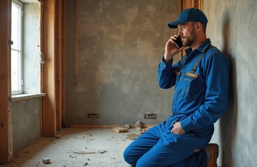 Worker in blue uniform talks on phone while leaning on wall inside unfinished room. Construction site with tools and materials visible. Renovation and building process.