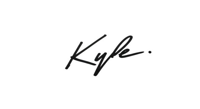 Elegant handwritten signature of the name Kyle in black ink.
