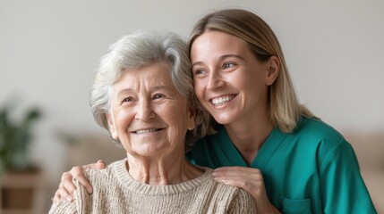 Caring healthcare professional smiles with elderly woman in cozy indoor setting, showcasing companionship and trust in aged care environment
