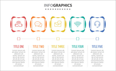 Vector Infographic design with icons. process diagram, flow chart, info graph, Infographics for business concept, presentations banner, workflow layout. 5 options or 5 steps. Horizontal Steps