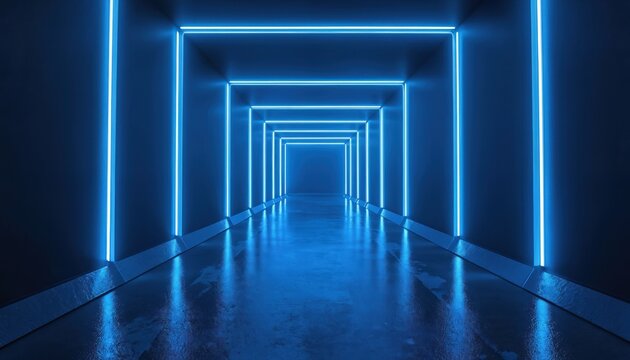 Futuristic corridor with neon blue lights. Interior design features abstract shapes and glowing lines. Tunnel perspective with geometric patterns and reflections creates modern tech look. - Powered by Adobe
