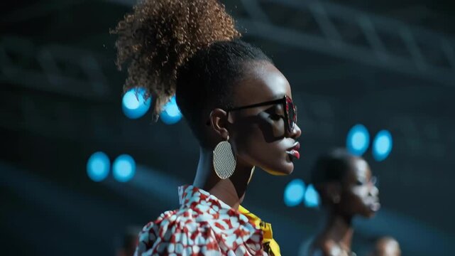 Fashion models showcase vibrant designs on the runway during a summer collection event in a bustling city