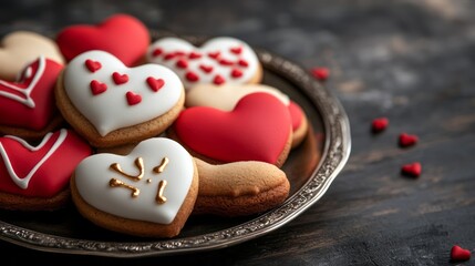 Obraz premium Colorful Heart-Shaped Cookies Decorated with Icing on a Silver Plate