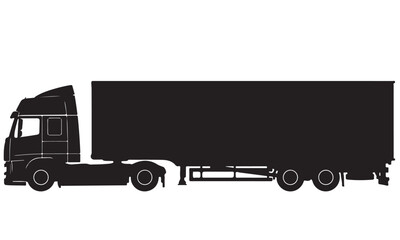 Black Silhouette of a Semi-Trailer Truck with Cargo Trailer on a White Background