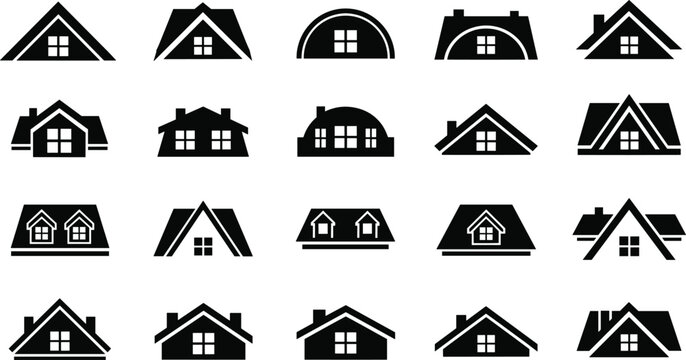 House rooftop and window icons, black and white vector set, architectural design elements, residential roof styles, construction illustration pack