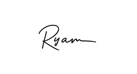 Elegant handwritten signature of the name Ryan in black ink 1.