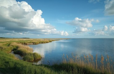 Fototapeta premium Scenic photo displays a river meeting the sea under a cloudy sky. Rich green grasses line the shore with reeds. Calm water reflects the clouds.