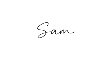 Elegant handwritten signature of the name Sam in black script on a white background.