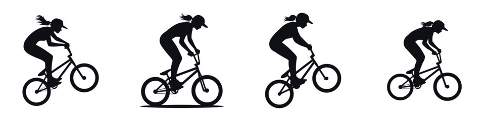 Obraz premium Silhouette of Woman Riding BMX Bicycle – Female Cyclist Doing Bike Tricks, Extreme Sport, Adventure, Balance, Strength, and Outdoor Action Illustration Isolated on White Background