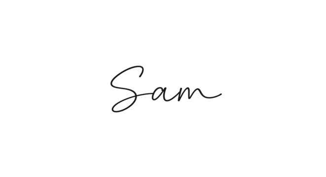 Elegant handwritten signature of the name Sam in black script on a white background.