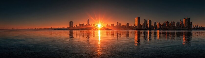 Fototapeta premium Ethereal cityscape under a radiant sunset, casting golden reflections on water surfaces