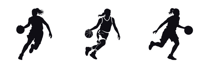 Silhouette of Female Basketball Player Dribbling Ball – Woman Athlete in Motion, Sports Training, Energy, Strength, Competition, and Team Game Illustration Isolated on White Background © Parvez