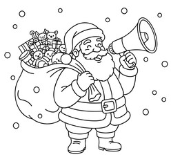 drawing of Santa Claus with megaphone announcing Christmas without background