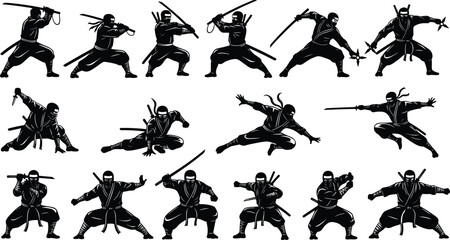 Ninja silhouettes in action poses, sword and shuriken combat, martial arts vector icons, stealth warriors, isolated on white background