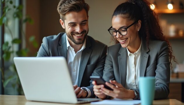 Businesspeople consult mobile phone laptop. Smiling business man woman work together discussing startup project. Colleagues partners use smartphone computer for banking app.