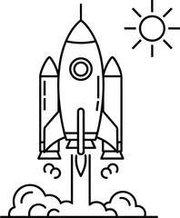 Rocket launch line art, black and white vector, space exploration illustration, flame and smoke, sun and mountain background, tech design