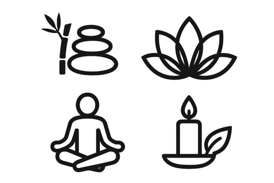 Zen health and wellness spa icons set with bamboo, balanced stones, lotus flower, meditation pose, and candle flame, symbolizing harmony, relaxation, yoga, and spiritual calm vector illustrations