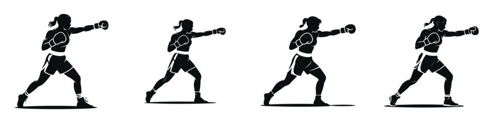 Silhouette of Female Boxer Throwing Punch – Woman Athlete Practicing Boxing, Power, Strength, Fitness, Combat Sport, Determination, and Training Illustration Isolated on White Background