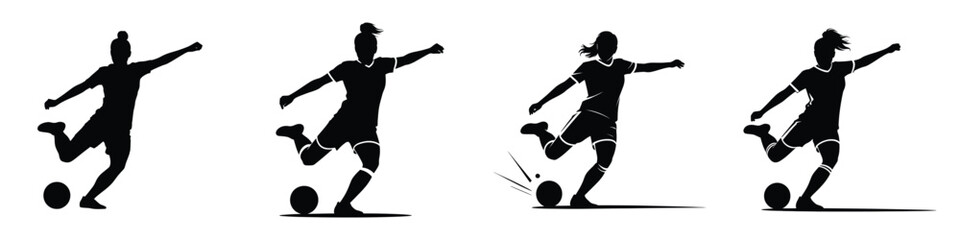 Silhouette of Female Soccer Player Kicking Ball – Woman Football Athlete in Action, Sports Training, Energy, Strength, Skill, and Team Game Concept Illustration Isolated on White Background