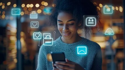 Young woman explores online shopping while using smartphone in cozy indoor setting during evening hours - Powered by Adobe