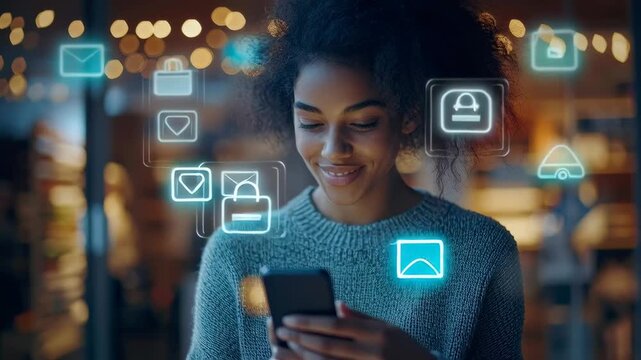 Young woman explores online shopping while using smartphone in cozy indoor setting during evening hours
