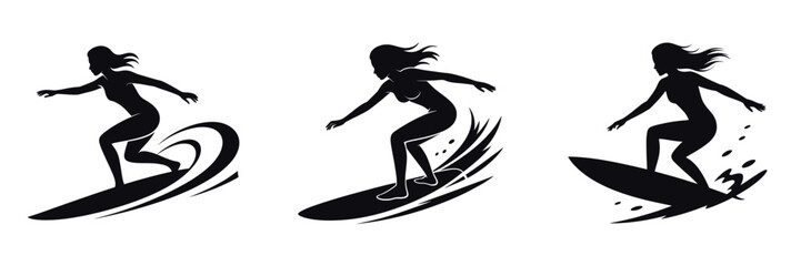 Silhouette of Female Surfer Riding Wave – Woman on Surfboard in Action, Ocean Adventure, Extreme Sport, Summer Freedom, Beach Lifestyle, and Water Sports Illustration Isolated on White Background