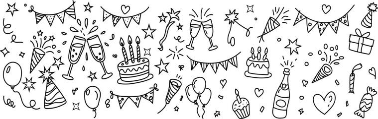 Hand Drawn Party Doodle Set – Birthday and Celebration Icons Vector