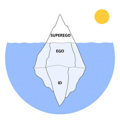 A simplified illustration of the iceberg model, depicting Freud's concepts of the id, ego, and superego, with a sun above and water below
