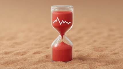 Red Hourglass with Heartbeat Symbol on Sandy Background Representing Time, Life, and Urgency in Abstract Conceptual Art