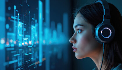Young woman with headphones gazes at digital display. She focused, immersed in audio-visual data. Photo presents modern tech, listening experience. Woman profile view against digital blue background.