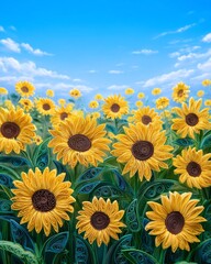 Obraz premium Vibrant sunflowers in a bright blue sky.
