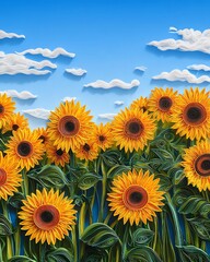 Obraz premium Vibrant sunflowers bloom under blue skies.