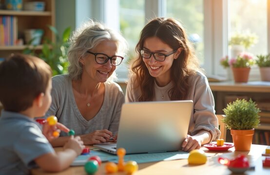 Smiling kindergarten teachers work on laptop. Little kid play with colorful toys. Educators plan lesson using computer. Early childhood center staff development or online meeting.