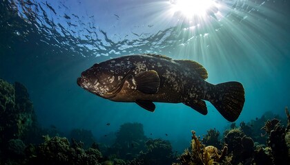 Goliath Grouper Swimming in Clear Blue Ocean Waters with Sun Rays.