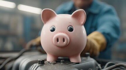 Cute pink piggy bank placed on top of a car engine, symbolizing savings and financial investment in an automotive repair workshop environment