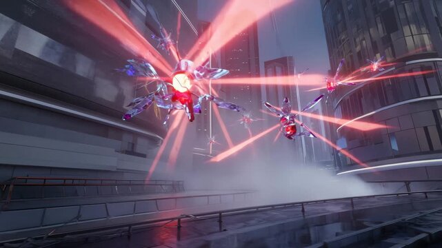 Futuristic combat drones firing powerful red energy beams while attacking a modern city environment at dusk in a sci-fi setting.