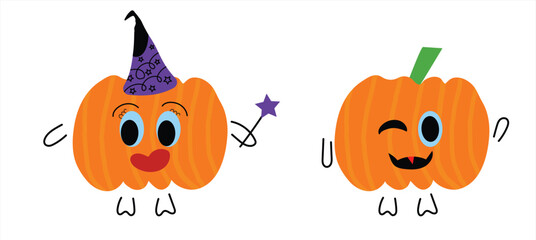 Cute halloween pumpkin characters vector — kawaii witch pumpkin and vampire pumpkin cartoon illustration for kids, autumn, and holiday design