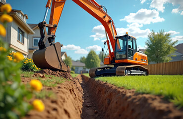 Obraz premium Orange excavator digs trench on green lawn near house. Heavy machinery works on site. Digger excavates ground for landscaping construction. Sunny daytime with beautiful sky for earthworks.