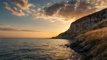 Obraz premium Rocky coastline and calm sea at sunset