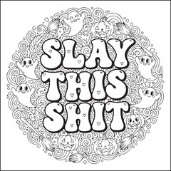 Halloween swear word coloring pages with groovy letters , Halloween black and white Halloween element coloring pages for adults.