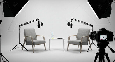Modern podcast studio setup with chairs, microphones, and camera ready for recording compelling interviews and hosting engaging discussions