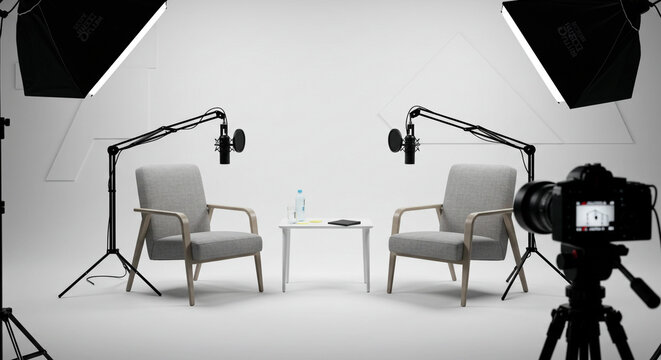 Modern podcast studio setup with chairs, microphones, and camera ready for recording compelling interviews and hosting engaging discussions