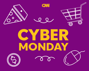 CNN Cyber Monday Promotion with Shopping Cart Pizza Computer Mouse and Money Icons on Purple Background